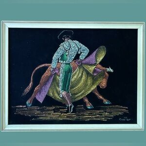 Velvet Matador Bullfighting Spanish Signed Painting VTG in Wooden Frame 13x17”